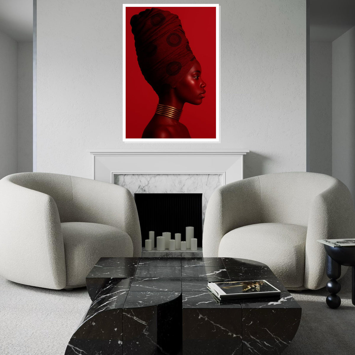 Monochrome Red Profile Canvas Print, African Woman Headwrap Art, Minimalist Color-Block Portrait, Modern Bold Wall Decor, Oil-Style Print