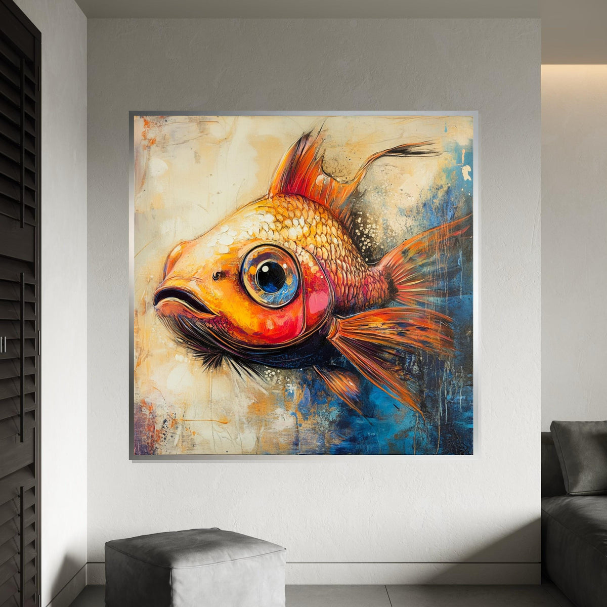 Whimsical Orange Goldfish Canvas Print, Playful Fish Illustration Art, Colorful Aquatic Wall Decor Room or Living Space
