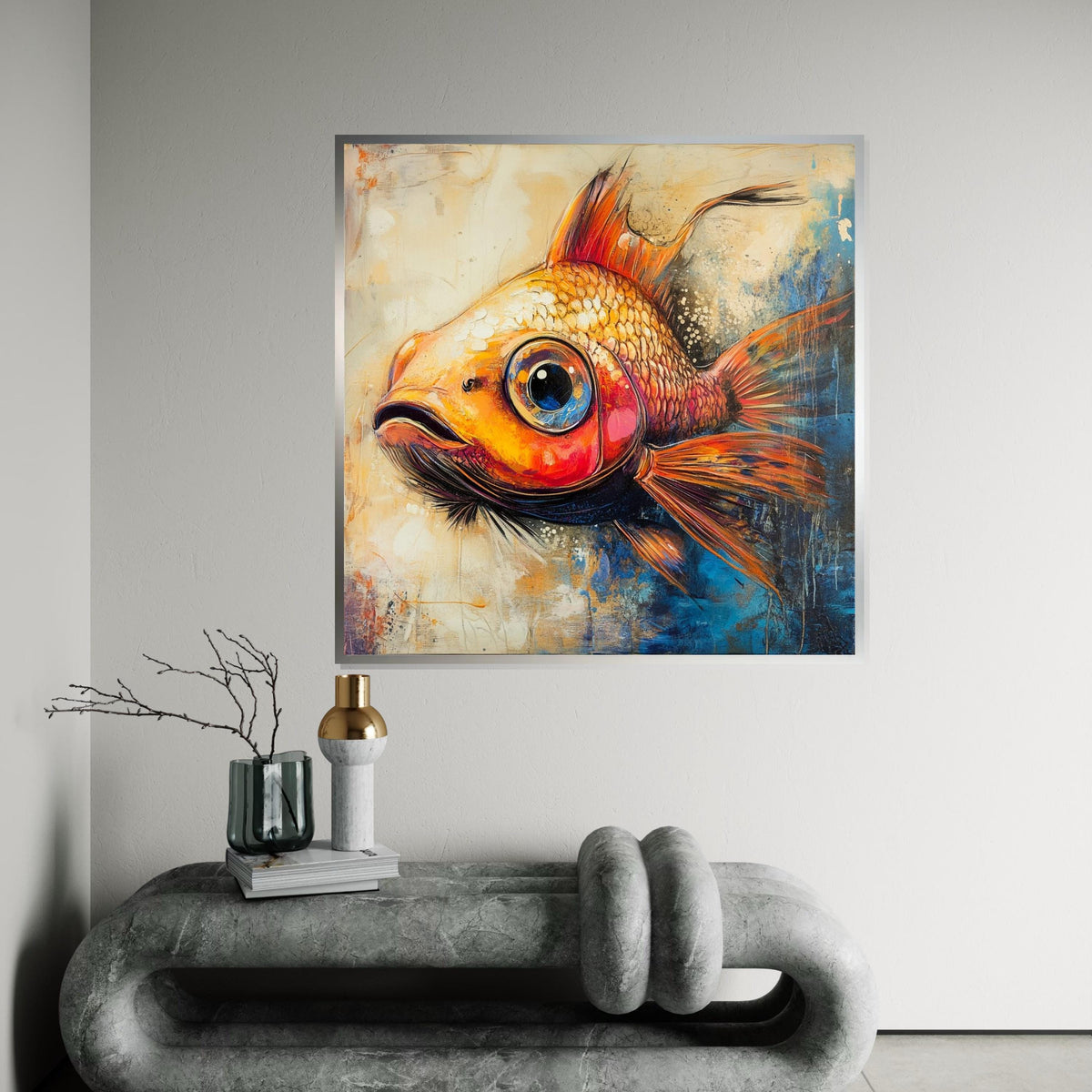 Whimsical Orange Goldfish Canvas Print, Playful Fish Illustration Art, Colorful Aquatic Wall Decor Room or Living Space