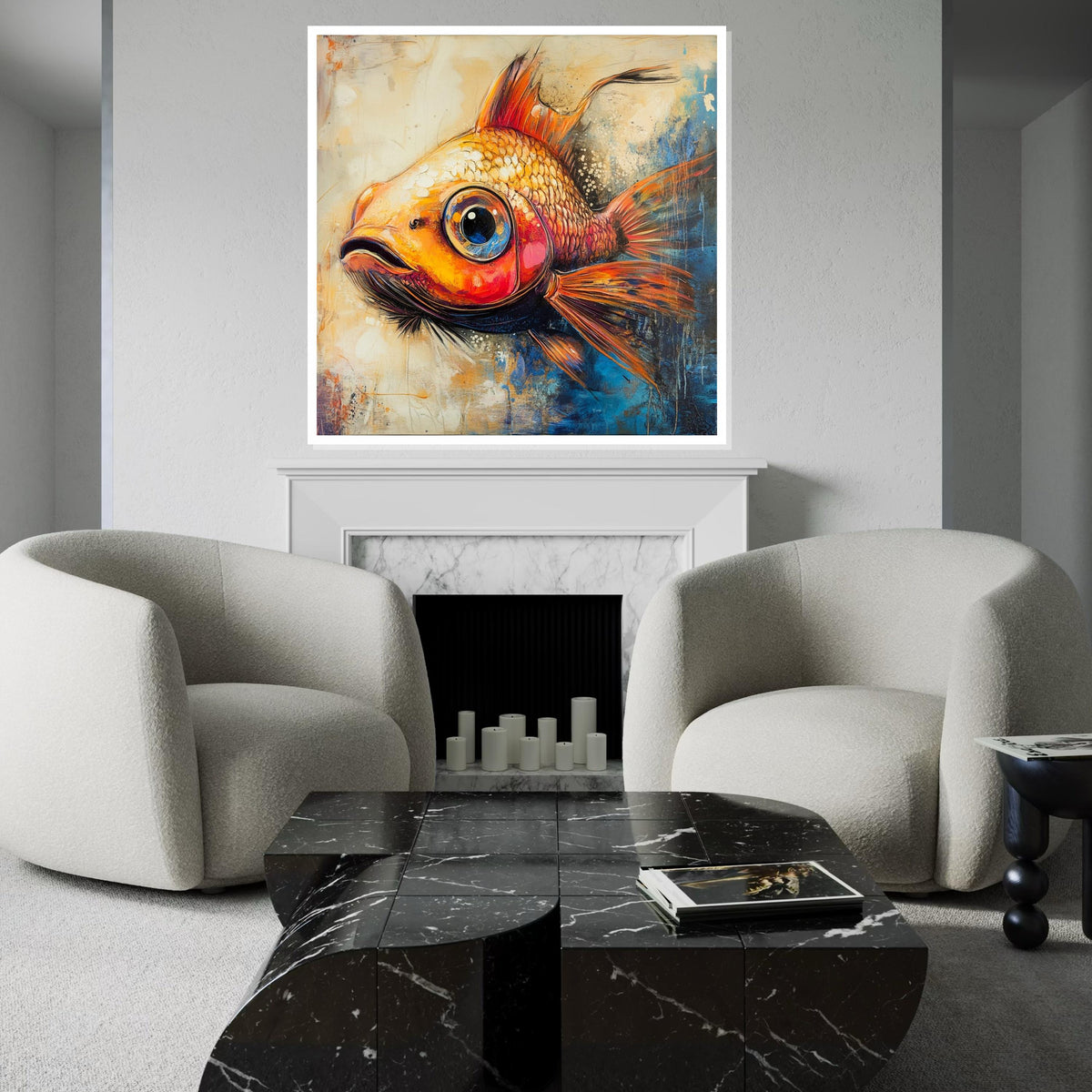 Whimsical Orange Goldfish Canvas Print, Playful Fish Illustration Art, Colorful Aquatic Wall Decor Room or Living Space