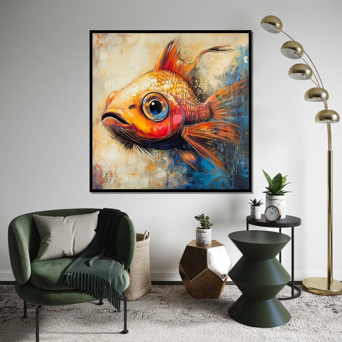 Whimsical Orange Goldfish Canvas Print, Playful Fish Illustration Art, Colorful Aquatic Wall Decor Room or Living Space
