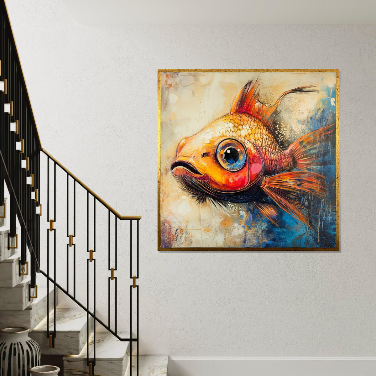 Whimsical Orange Goldfish Canvas Print, Playful Fish Illustration Art, Colorful Aquatic Wall Decor Room or Living Space