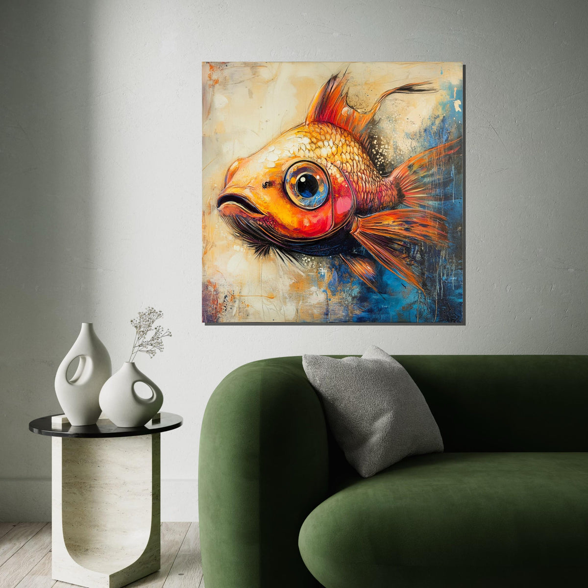 Whimsical Orange Goldfish Canvas Print, Playful Fish Illustration Art, Colorful Aquatic Wall Decor Room or Living Space
