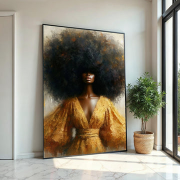 Golden-Halo Afro Woman Canvas Print, Textured Portrait of Black Beauty with Voluminous Hair, Elegant Ethnic Wall Decor for Living Room