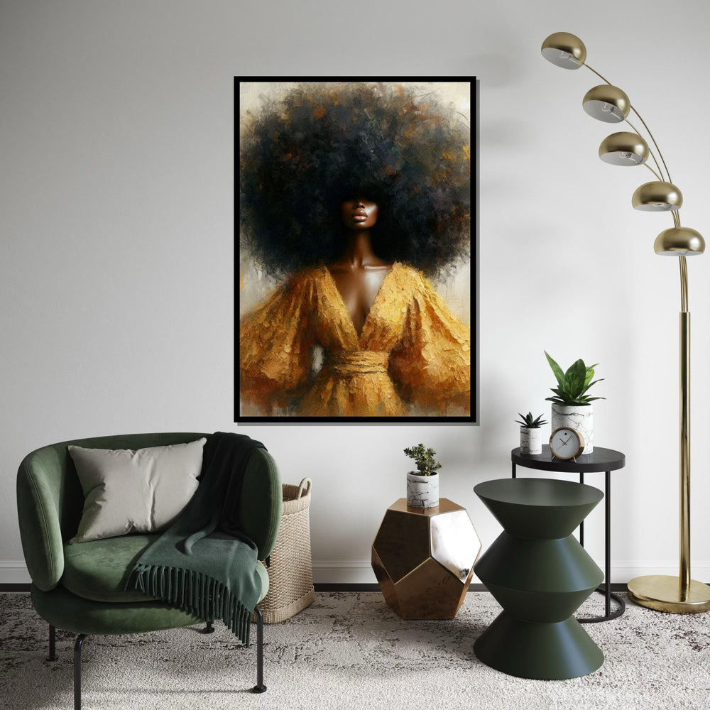 Golden-Halo Afro Woman Canvas Print, Textured Portrait of Black Beauty with Voluminous Hair, Elegant Ethnic Wall Decor for Living Room