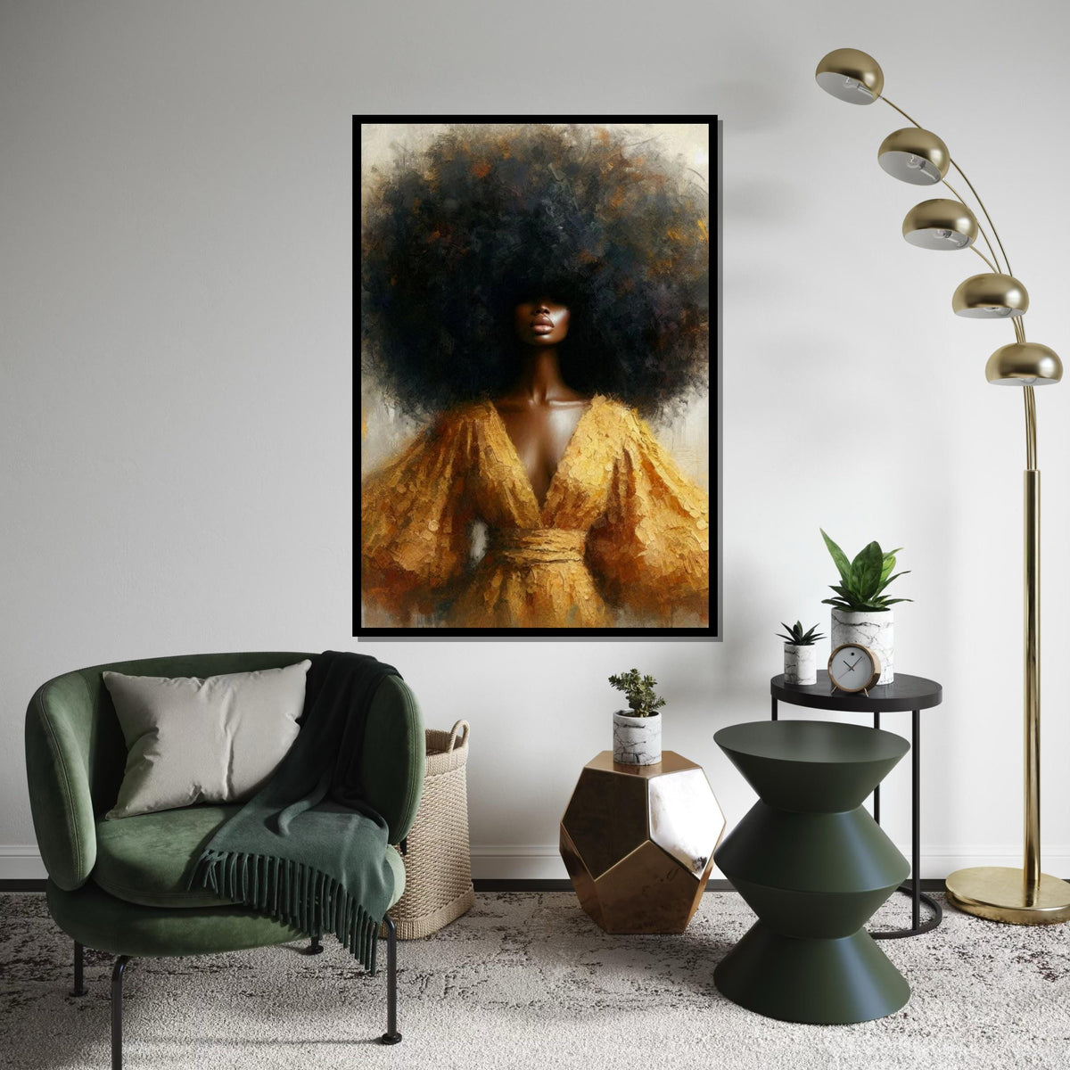 Golden-Halo Afro Woman Canvas Print, Textured Portrait of Black Beauty with Voluminous Hair, Elegant Ethnic Wall Decor for Living Room