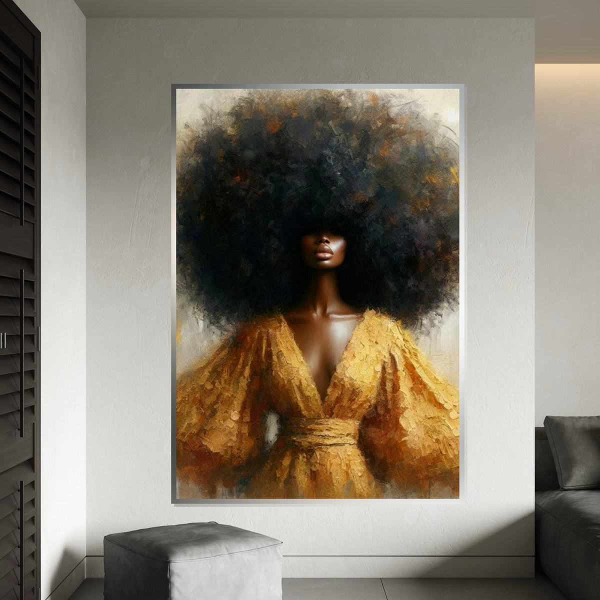 Golden-Halo Afro Woman Canvas Print, Textured Portrait of Black Beauty with Voluminous Hair, Elegant Ethnic Wall Decor for Living Room