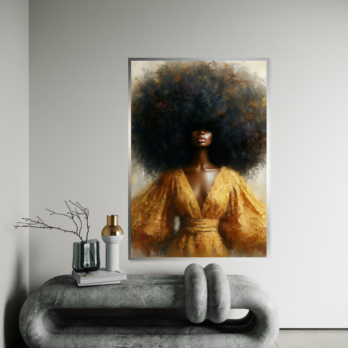 Golden-Halo Afro Woman Canvas Print, Textured Portrait of Black Beauty with Voluminous Hair, Elegant Ethnic Wall Decor for Living Room