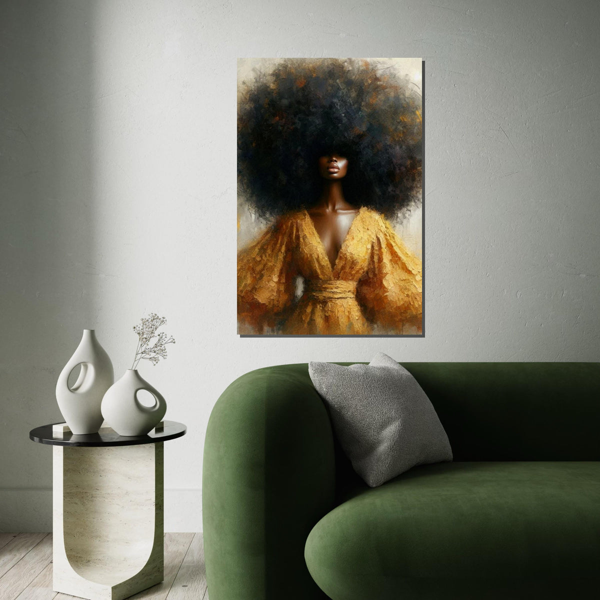 Golden-Halo Afro Woman Canvas Print, Textured Portrait of Black Beauty with Voluminous Hair, Elegant Ethnic Wall Decor for Living Room