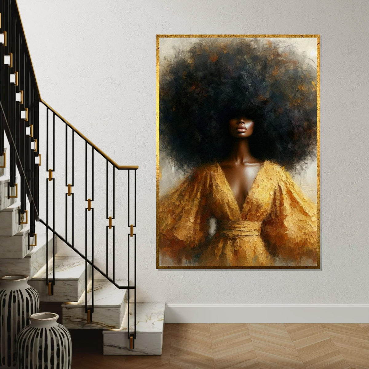 Golden-Halo Afro Woman Canvas Print, Textured Portrait of Black Beauty with Voluminous Hair, Elegant Ethnic Wall Decor for Living Room