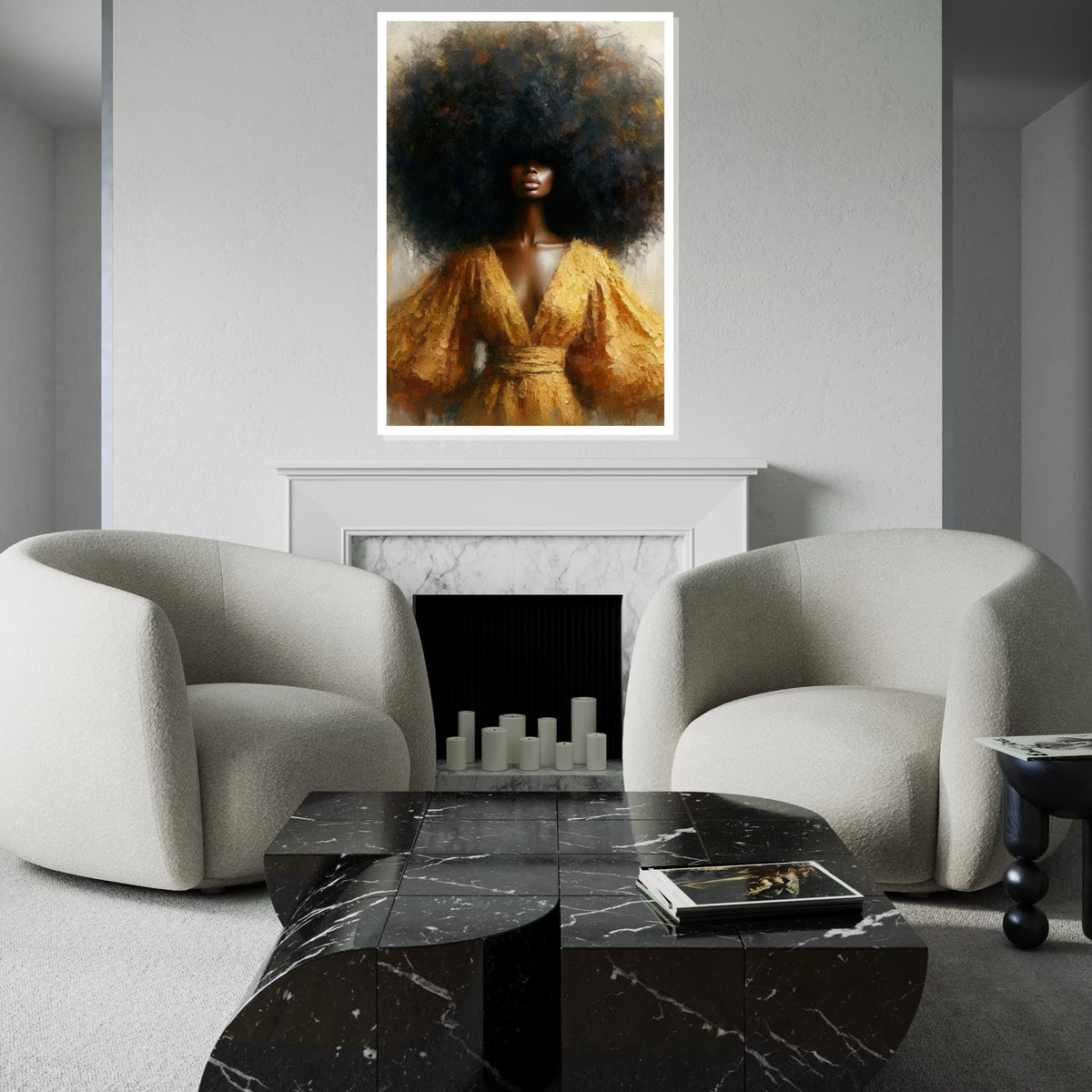 Golden-Halo Afro Woman Canvas Print, Textured Portrait of Black Beauty with Voluminous Hair, Elegant Ethnic Wall Decor for Living Room