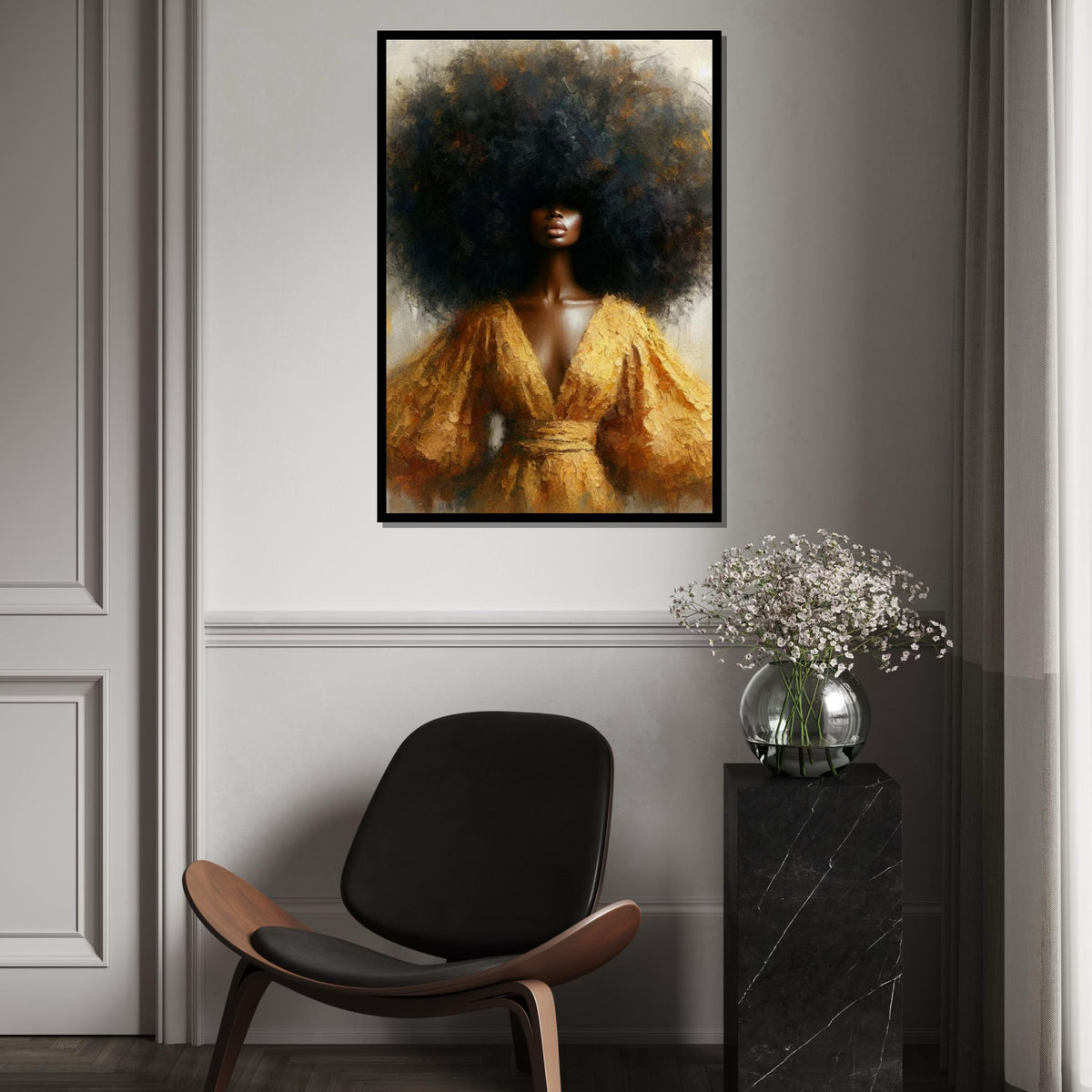 Golden-Halo Afro Woman Canvas Print, Textured Portrait of Black Beauty with Voluminous Hair, Elegant Ethnic Wall Decor for Living Room