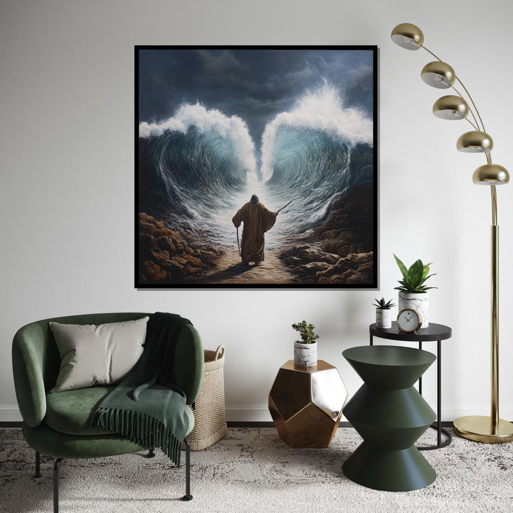 Moses Splitting the Red Sea Canvas Print, Biblical Exodus Scene Wall Art, Realistic Religious Decor for Living Room or Church
