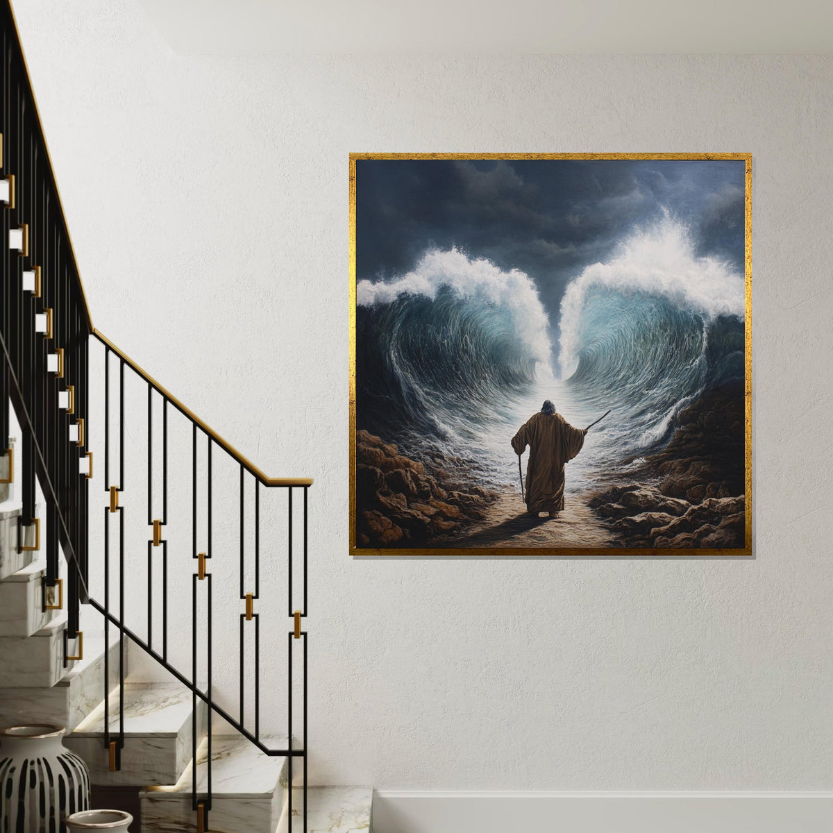 Moses Splitting the Red Sea Canvas Print, Biblical Exodus Scene Wall Art, Realistic Religious Decor for Living Room or Church