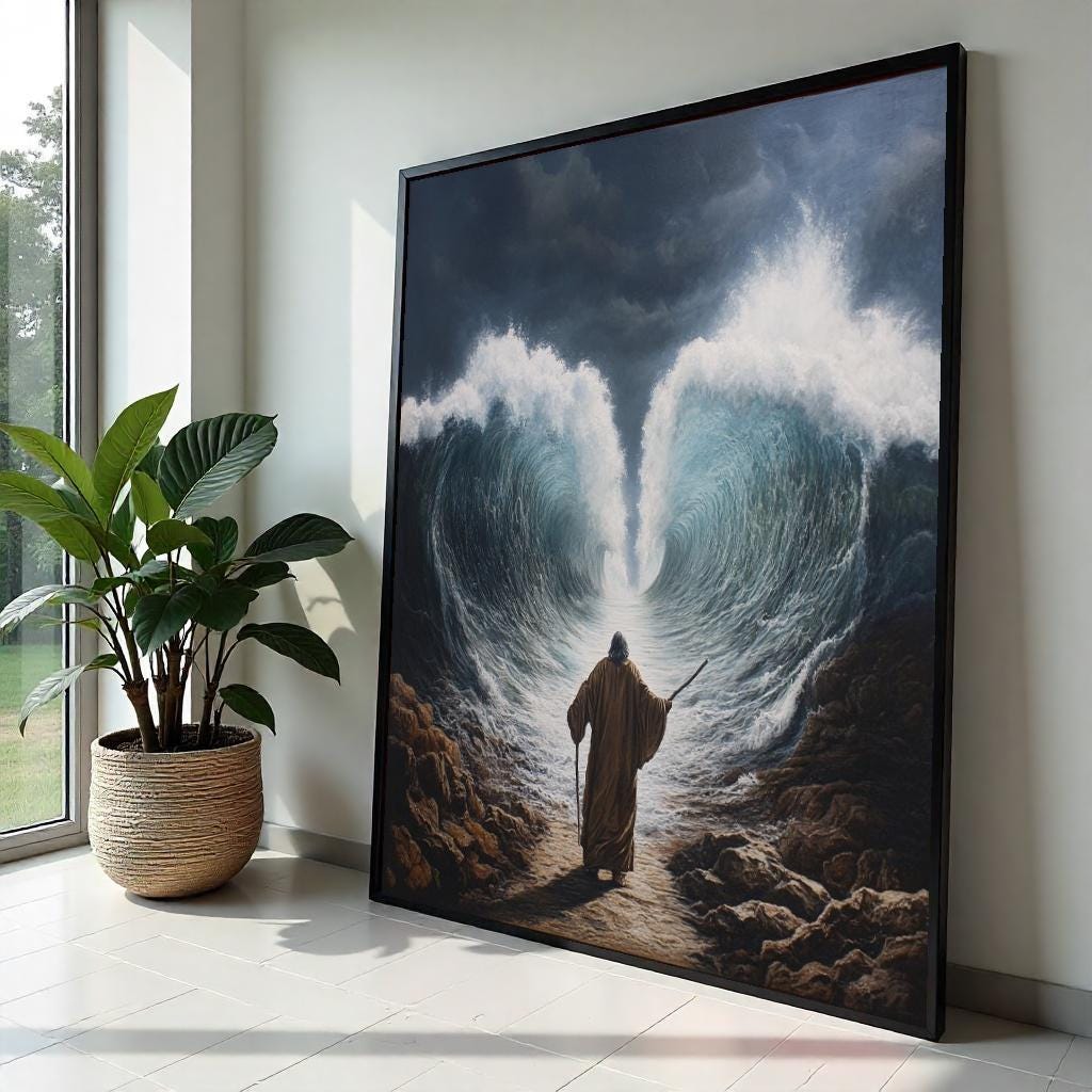 Moses Splitting the Red Sea Canvas Print, Biblical Exodus Scene Wall Art, Realistic Religious Decor for Living Room or Church