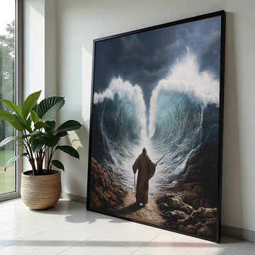 Moses Splitting the Red Sea Canvas Print, Biblical Exodus Scene Wall Art, Realistic Religious Decor for Living Room or Church