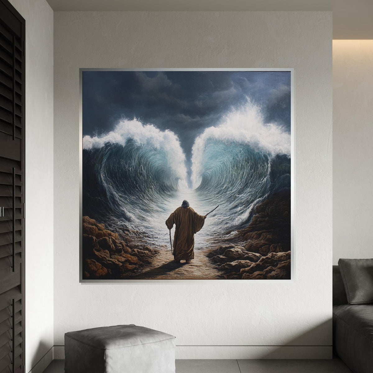Moses Splitting the Red Sea Canvas Print, Biblical Exodus Scene Wall Art, Realistic Religious Decor for Living Room or Church