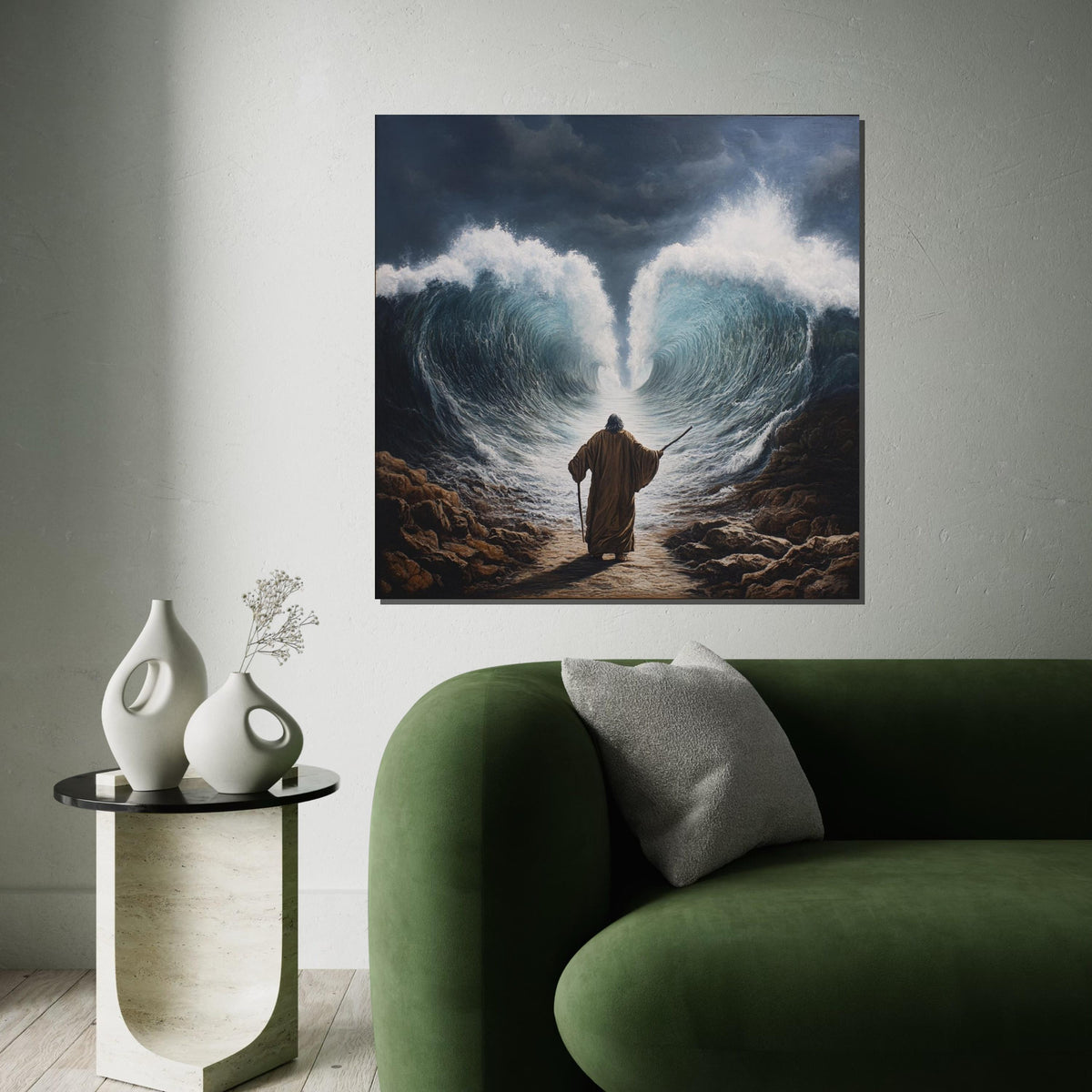 Moses Splitting the Red Sea Canvas Print, Biblical Exodus Scene Wall Art, Realistic Religious Decor for Living Room or Church