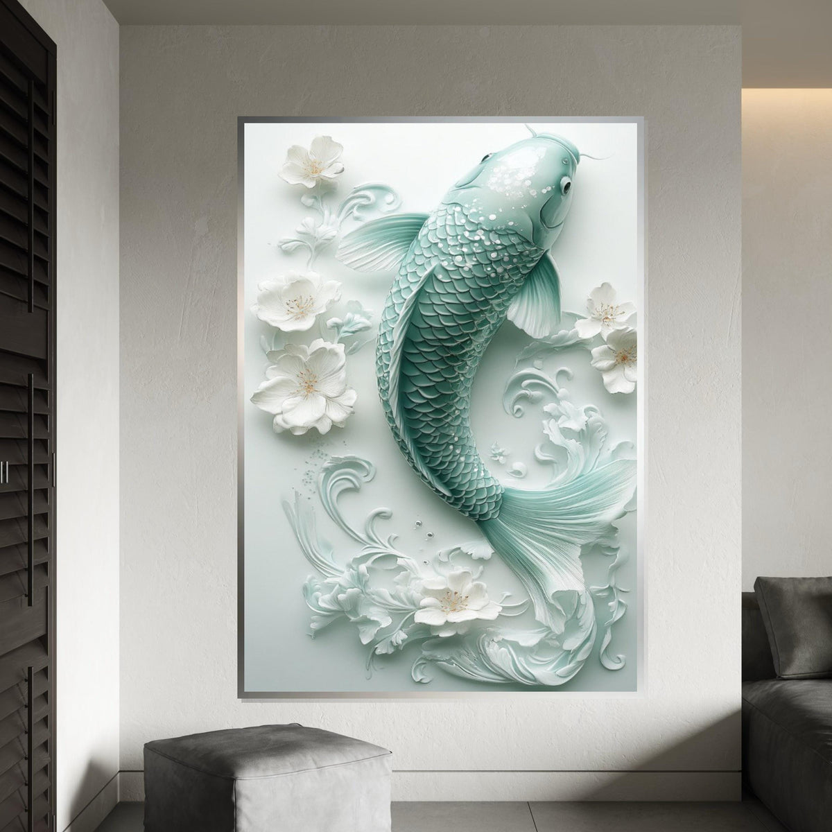 Mint Green Porcelain Koi Fish Canvas Print, Delicate Floral Sculpture Wall Art, Elegant Asian-Inspired Home Decor for Living Room