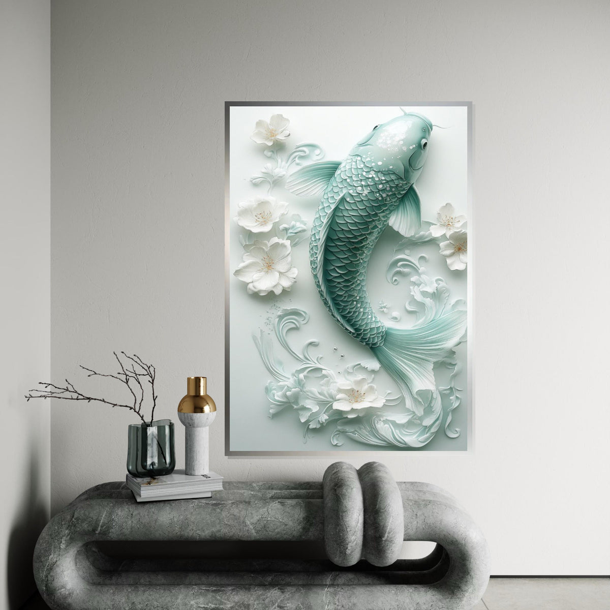 Mint Green Porcelain Koi Fish Canvas Print, Delicate Floral Sculpture Wall Art, Elegant Asian-Inspired Home Decor for Living Room