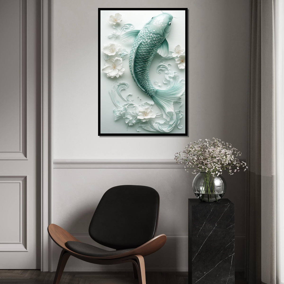 Mint Green Porcelain Koi Fish Canvas Print, Delicate Floral Sculpture Wall Art, Elegant Asian-Inspired Home Decor for Living Room