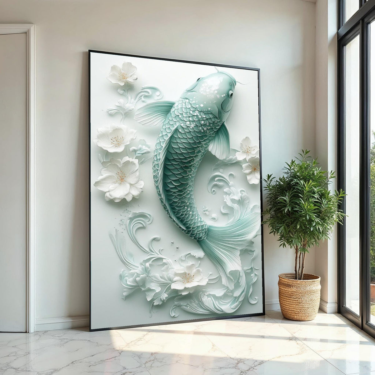 Mint Green Porcelain Koi Fish Canvas Print, Delicate Floral Sculpture Wall Art, Elegant Asian-Inspired Home Decor for Living Room