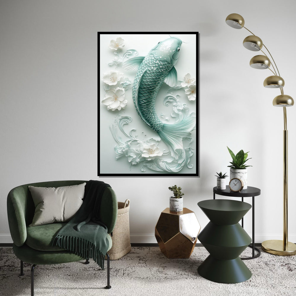 Mint Green Porcelain Koi Fish Canvas Print, Delicate Floral Sculpture Wall Art, Elegant Asian-Inspired Home Decor for Living Room