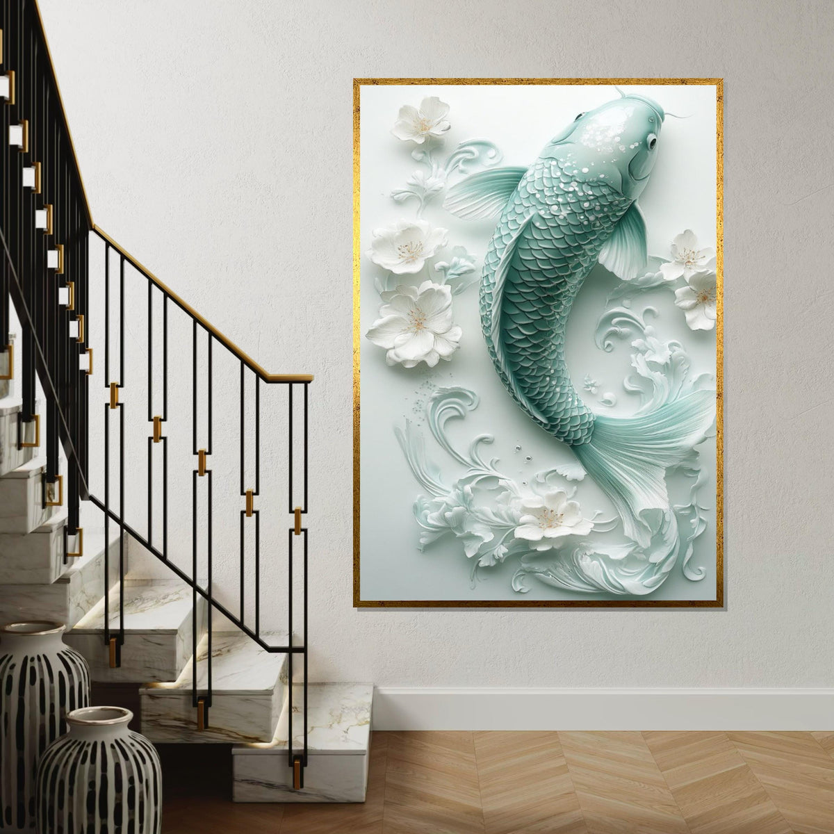 Mint Green Porcelain Koi Fish Canvas Print, Delicate Floral Sculpture Wall Art, Elegant Asian-Inspired Home Decor for Living Room
