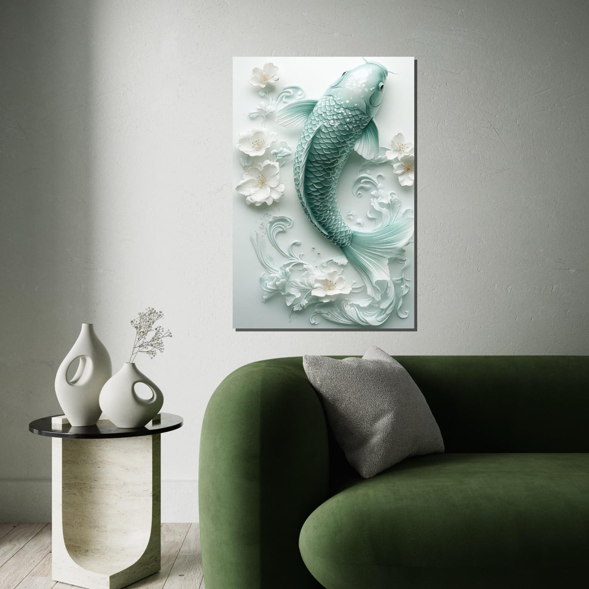 Mint Green Porcelain Koi Fish Canvas Print, Delicate Floral Sculpture Wall Art, Elegant Asian-Inspired Home Decor for Living Room