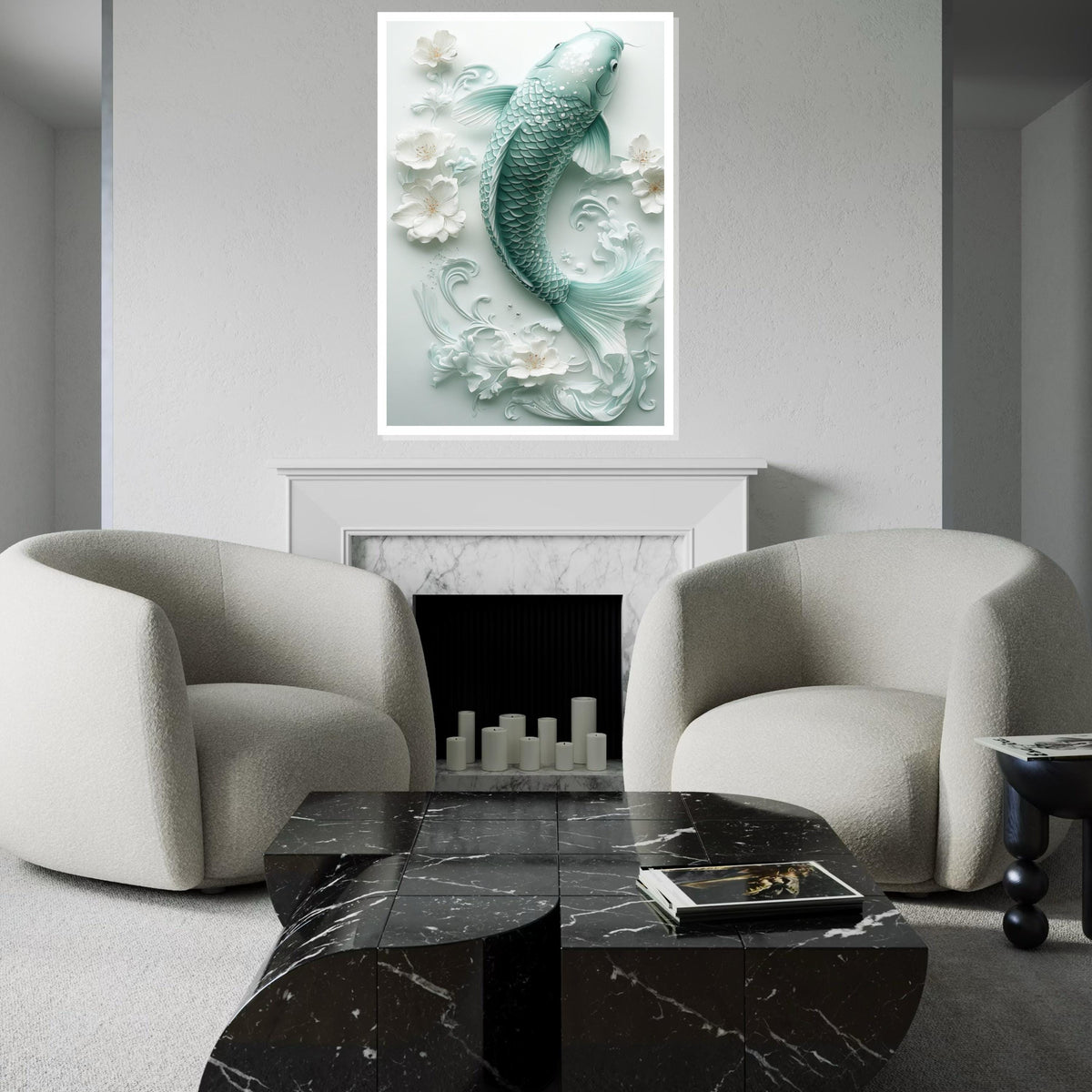 Mint Green Porcelain Koi Fish Canvas Print, Delicate Floral Sculpture Wall Art, Elegant Asian-Inspired Home Decor for Living Room