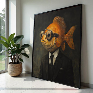 Surreal Fish-Headed Gentleman Canvas Print, Anthropomorphic Goldfish Portrait Art, Quirky Whimsical Wall Decor for Living Room or Study