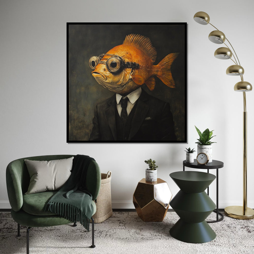 Surreal Fish-Headed Gentleman Canvas Print, Anthropomorphic Goldfish Portrait Art, Quirky Whimsical Wall Decor for Living Room or Study