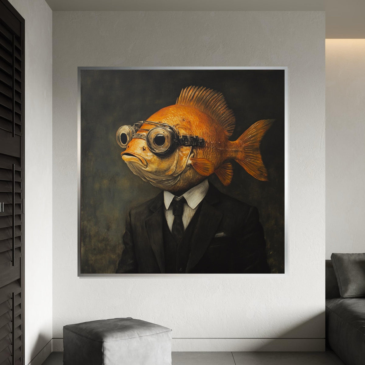 Surreal Fish-Headed Gentleman Canvas Print, Anthropomorphic Goldfish Portrait Art, Quirky Whimsical Wall Decor for Living Room or Study