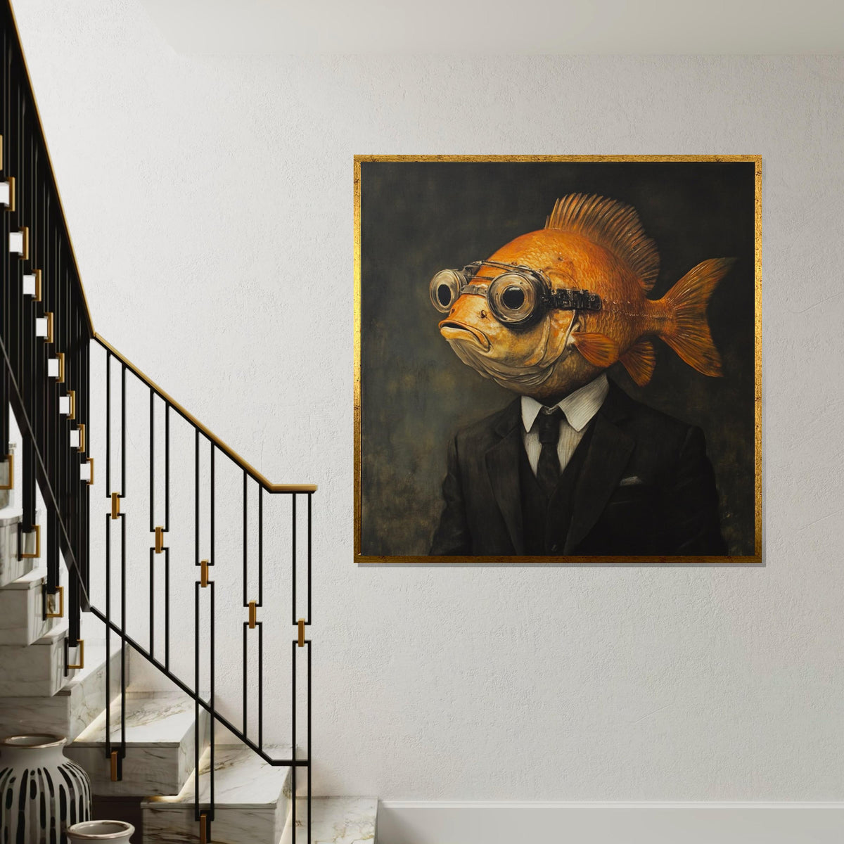 Surreal Fish-Headed Gentleman Canvas Print, Anthropomorphic Goldfish Portrait Art, Quirky Whimsical Wall Decor for Living Room or Study