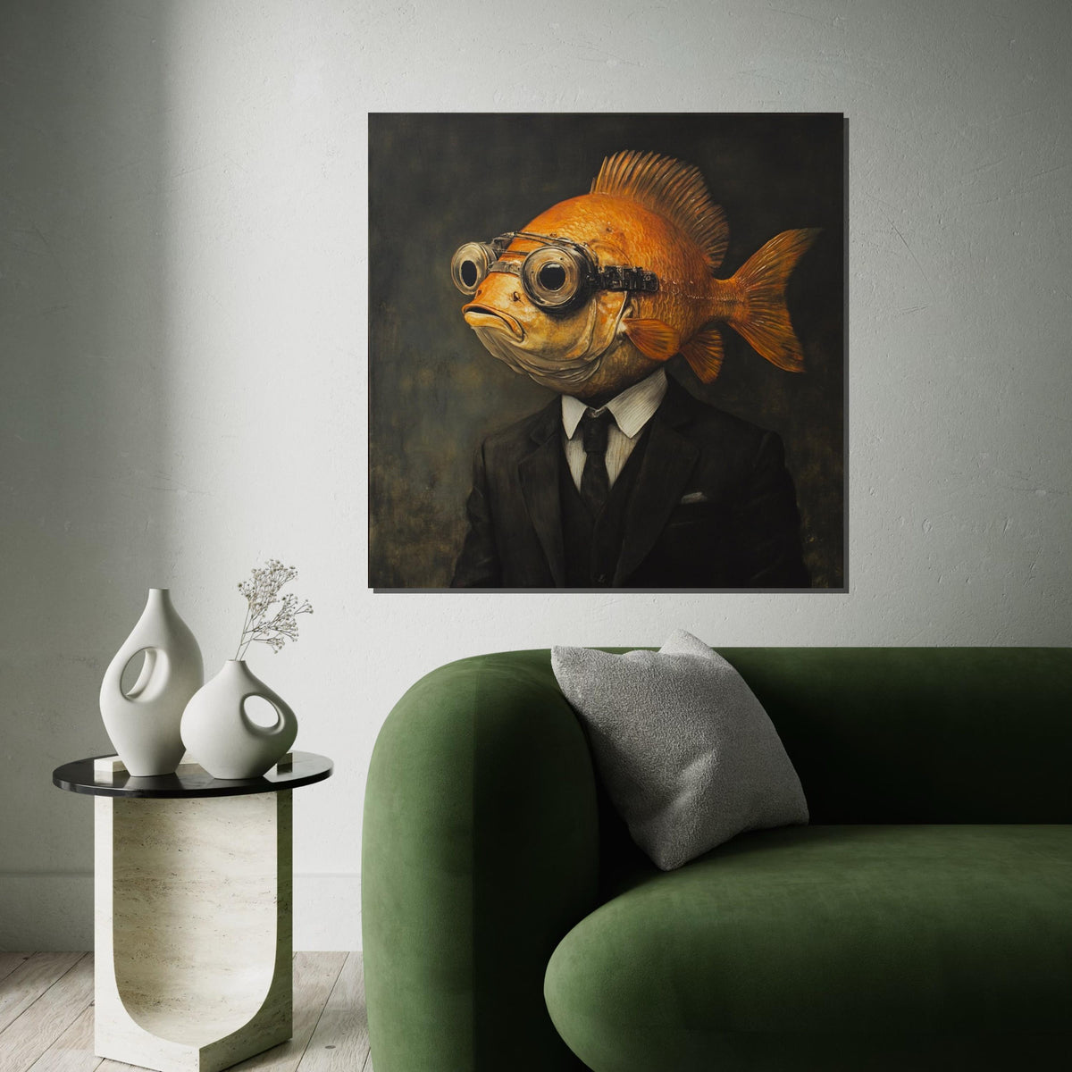 Surreal Fish-Headed Gentleman Canvas Print, Anthropomorphic Goldfish Portrait Art, Quirky Whimsical Wall Decor for Living Room or Study