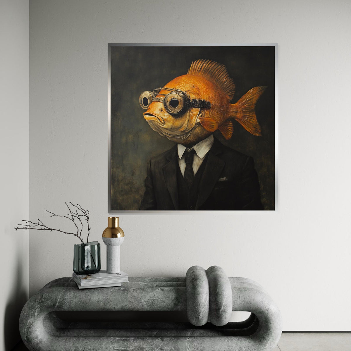 Surreal Fish-Headed Gentleman Canvas Print, Anthropomorphic Goldfish Portrait Art, Quirky Whimsical Wall Decor for Living Room or Study