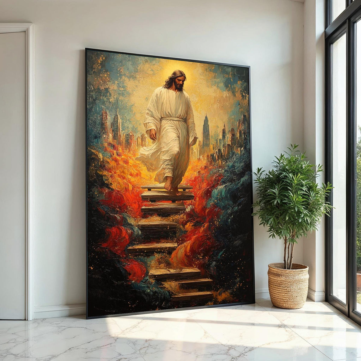 Impasto Jesus Descending Stairs Canvas Print, Divine Cityscape Art, Surreal Savior Portrait with Fiery Waves, Modern Religious Wall Decor