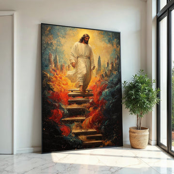 Impasto Jesus Descending Stairs Canvas Print, Divine Cityscape Art, Surreal Savior Portrait with Fiery Waves, Modern Religious Wall Decor