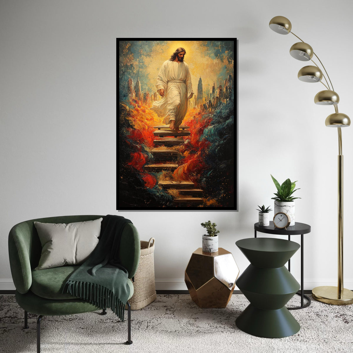 Impasto Jesus Descending Stairs Canvas Print, Divine Cityscape Art, Surreal Savior Portrait with Fiery Waves, Modern Religious Wall Decor