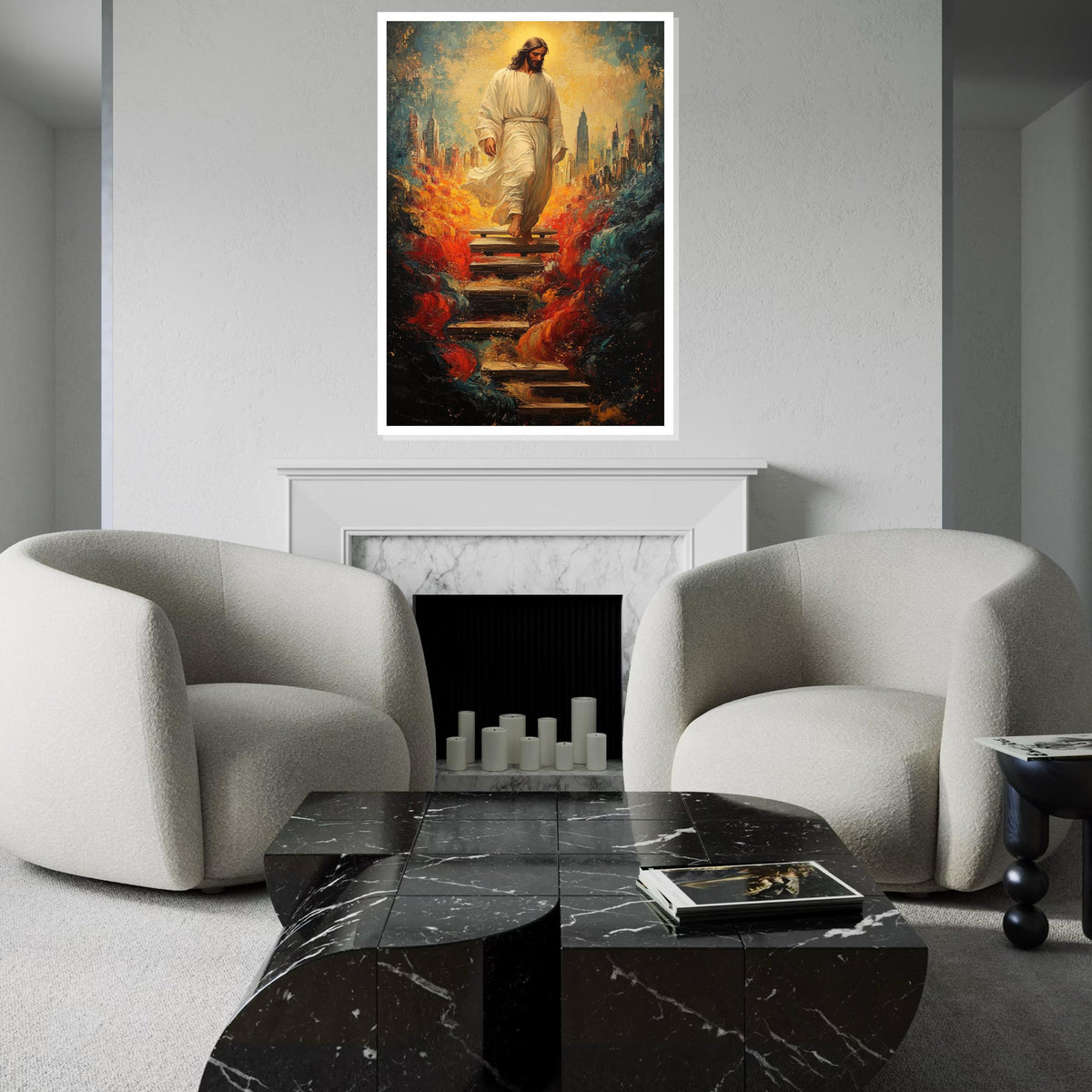 Impasto Jesus Descending Stairs Canvas Print, Divine Cityscape Art, Surreal Savior Portrait with Fiery Waves, Modern Religious Wall Decor