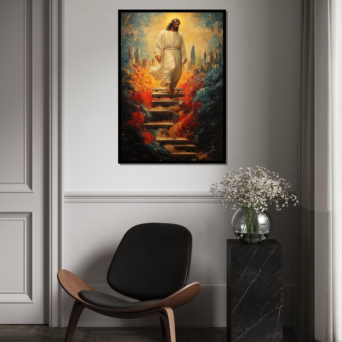 Impasto Jesus Descending Stairs Canvas Print, Divine Cityscape Art, Surreal Savior Portrait with Fiery Waves, Modern Religious Wall Decor