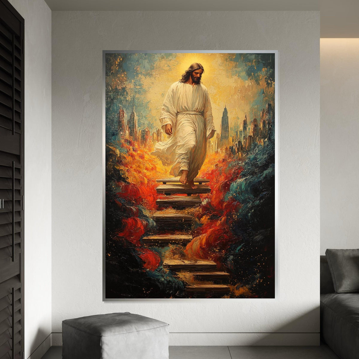 Impasto Jesus Descending Stairs Canvas Print, Divine Cityscape Art, Surreal Savior Portrait with Fiery Waves, Modern Religious Wall Decor