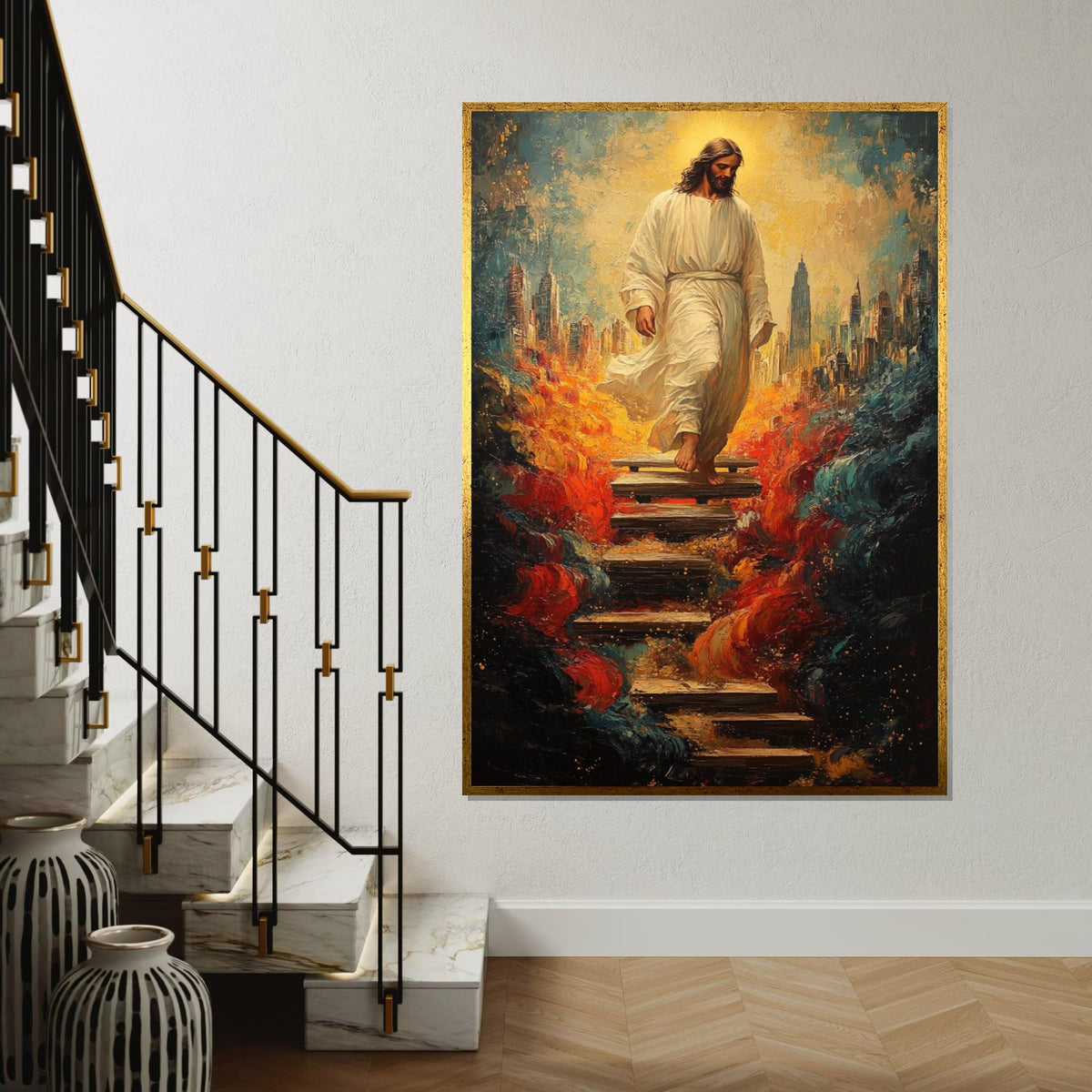 Impasto Jesus Descending Stairs Canvas Print, Divine Cityscape Art, Surreal Savior Portrait with Fiery Waves, Modern Religious Wall Decor