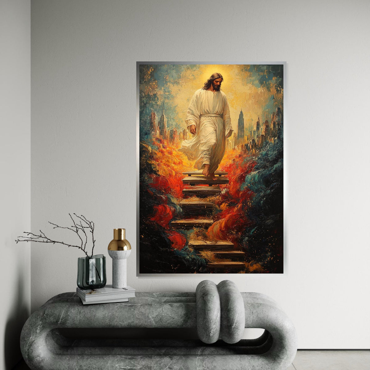 Impasto Jesus Descending Stairs Canvas Print, Divine Cityscape Art, Surreal Savior Portrait with Fiery Waves, Modern Religious Wall Decor