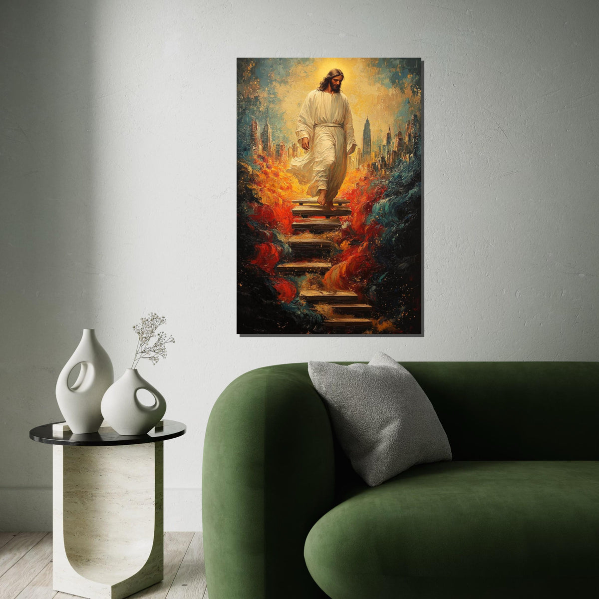 Impasto Jesus Descending Stairs Canvas Print, Divine Cityscape Art, Surreal Savior Portrait with Fiery Waves, Modern Religious Wall Decor