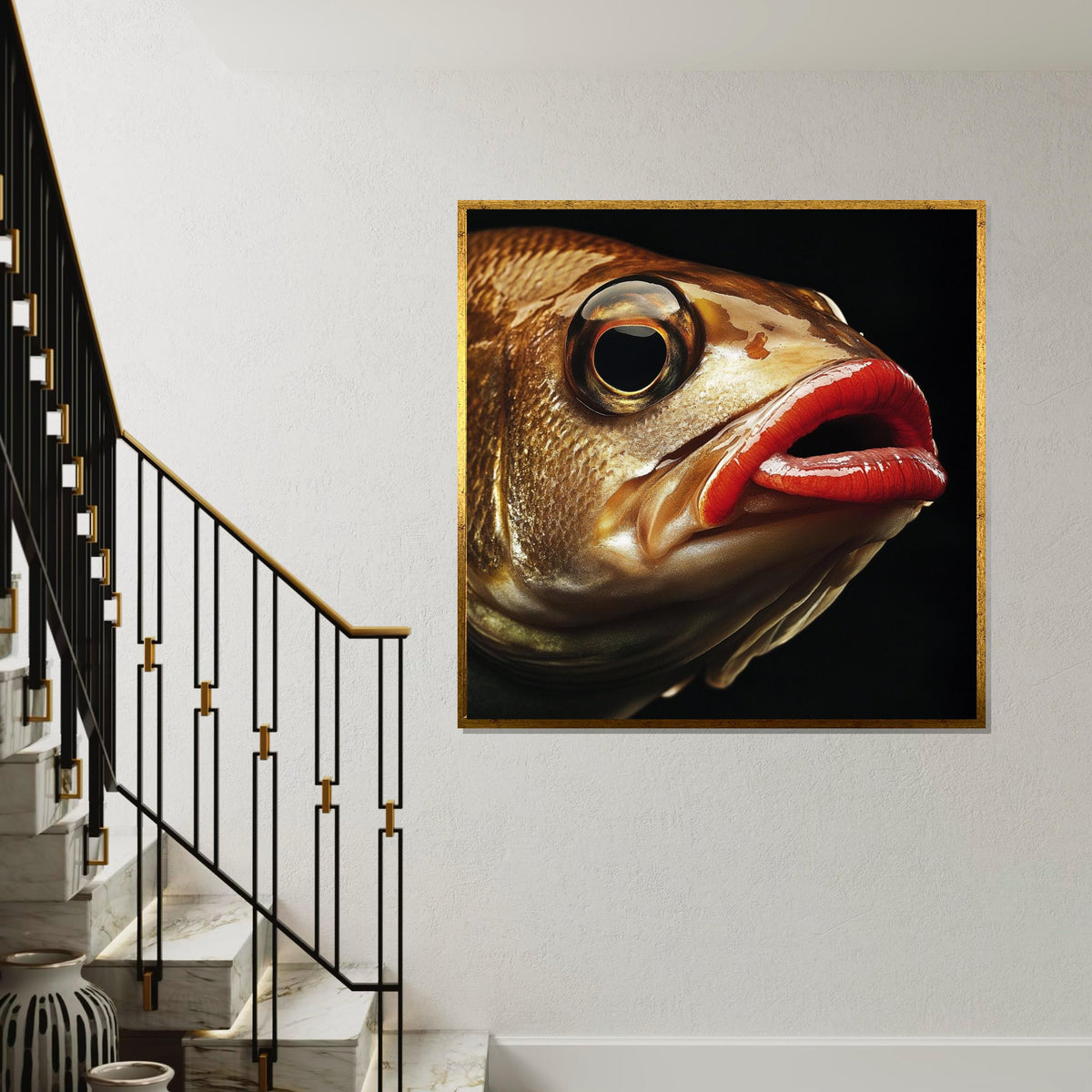 Abstract Big-Eye Fish Canvas Print, Contemporary Underwater Illustration, Bold Marine Art for Office or Home, Vibrant Sea Life Decor