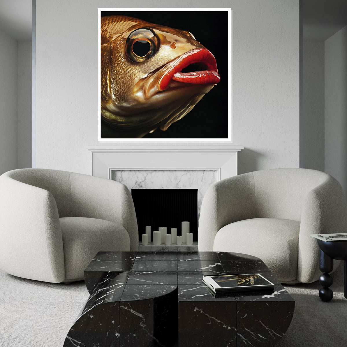 Abstract Big-Eye Fish Canvas Print, Contemporary Underwater Illustration, Bold Marine Art for Office or Home, Vibrant Sea Life Decor