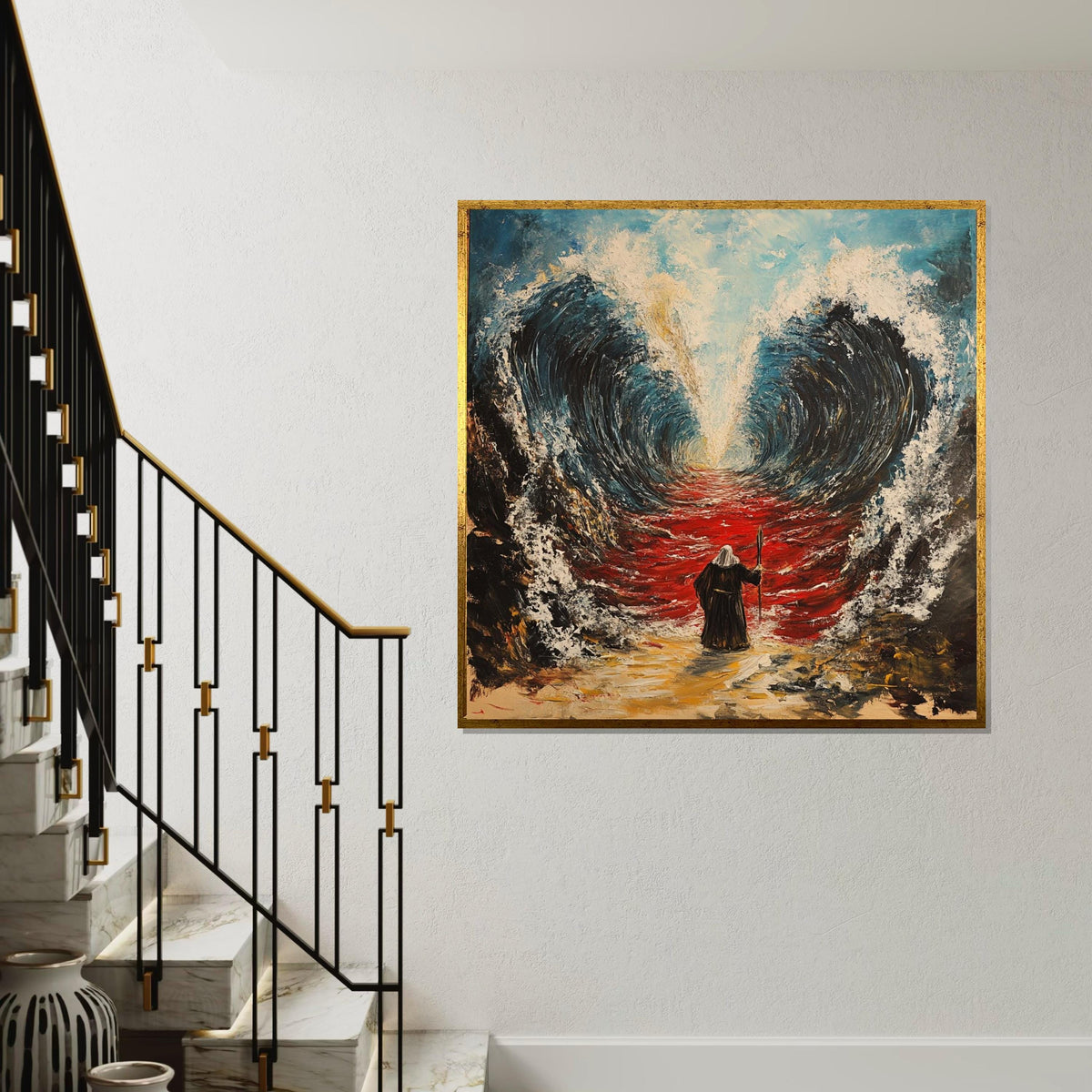 Moses Parting the Sea Canvas Print, Bold Exodus Illustration, Vibrant Religious Wall Decor for Home or Office