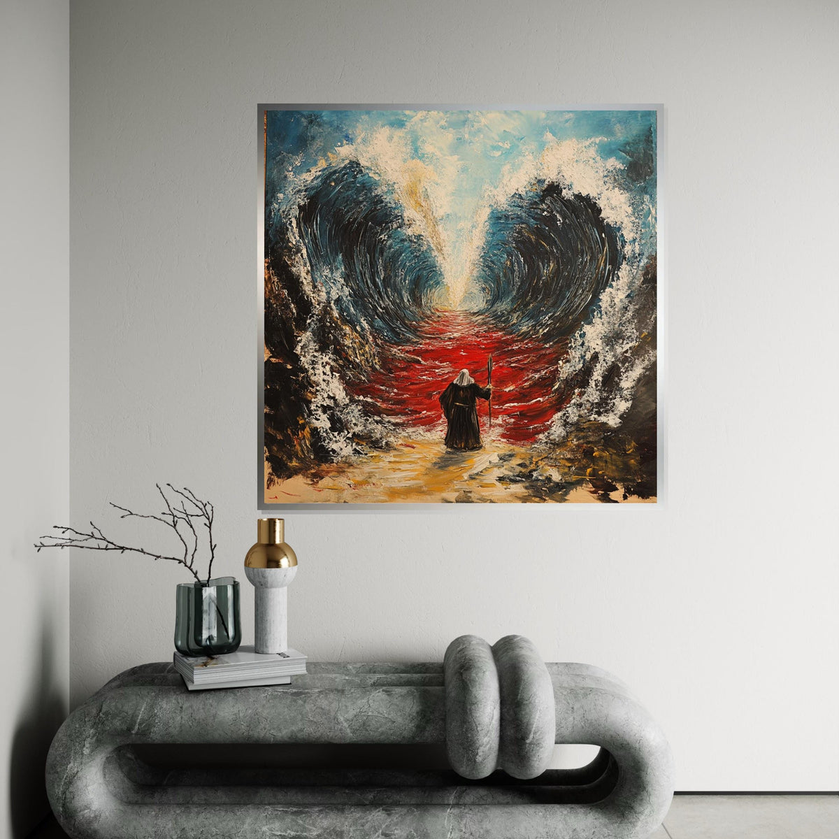 Moses Parting the Sea Canvas Print, Bold Exodus Illustration, Vibrant Religious Wall Decor for Home or Office