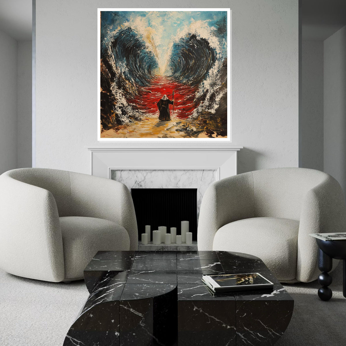 Moses Parting the Sea Canvas Print, Bold Exodus Illustration, Vibrant Religious Wall Decor for Home or Office